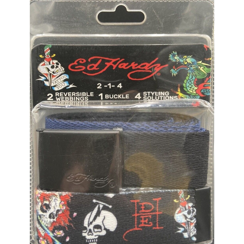 Ed Hardy - 2 Reversible Belts Blue Charcoal/Black Buckle 4 Designs Skulls NEW